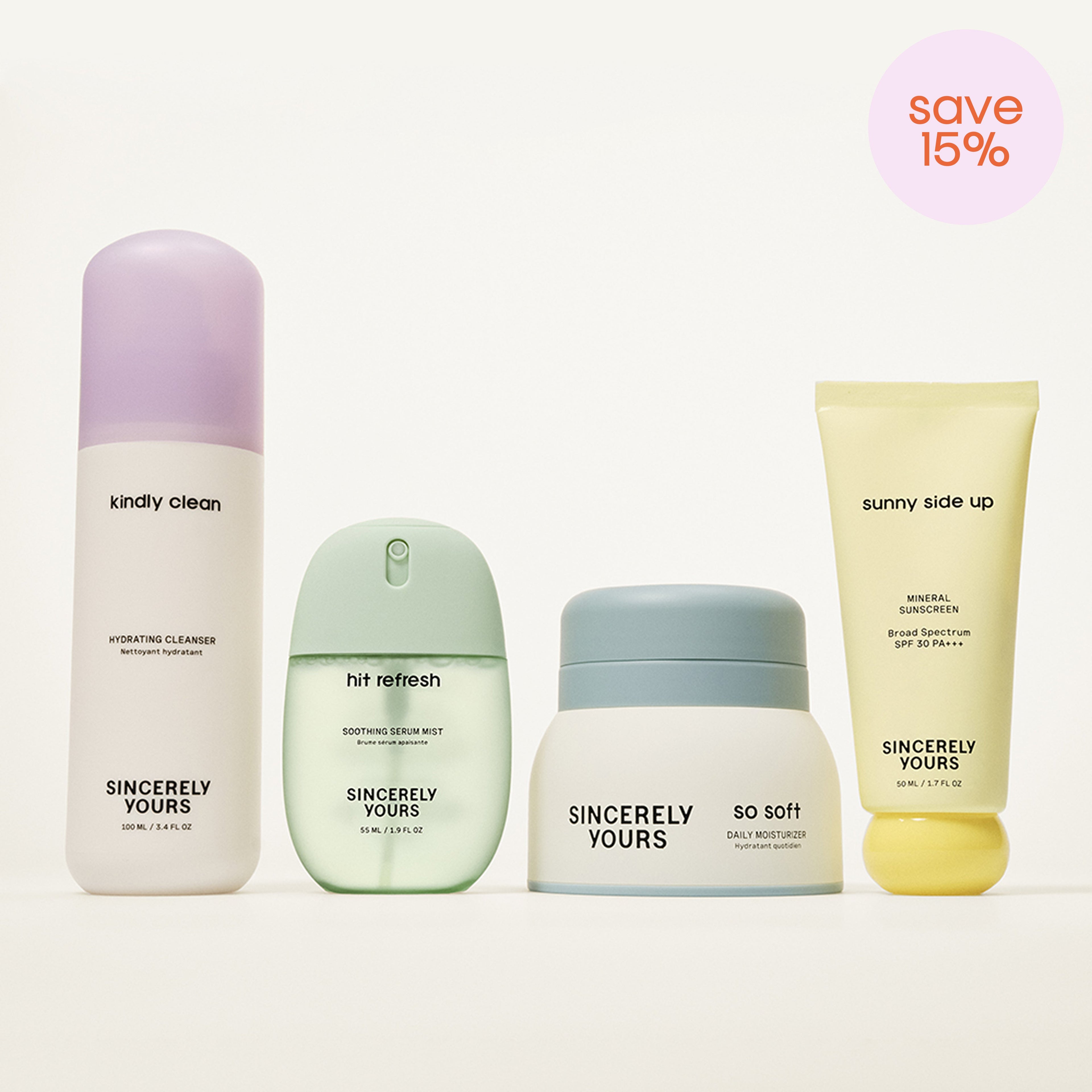 Set of skincare products with 'Sincerely Yours' branding on a white background